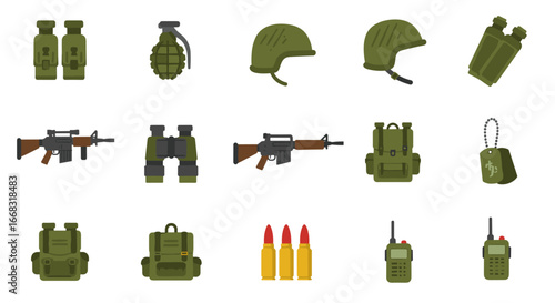 Military gear icons: equipment and weapons in modern flat design