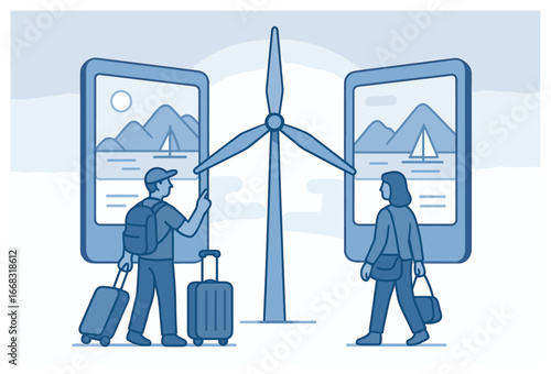 Travelers exploring sustainable destinations: eco-friendly wind turbine adventure vector
