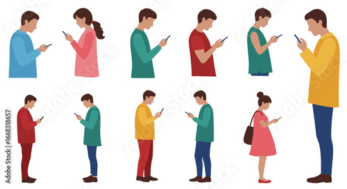 People engaging with smartphones in various poses and outfits