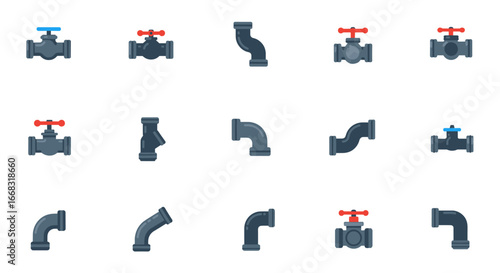 Plumbing pipe and valve collection with colorful knobs