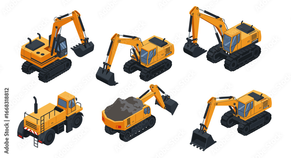 Fototapeta premium Construction equipment set featuring isometric excavators and bulldozer