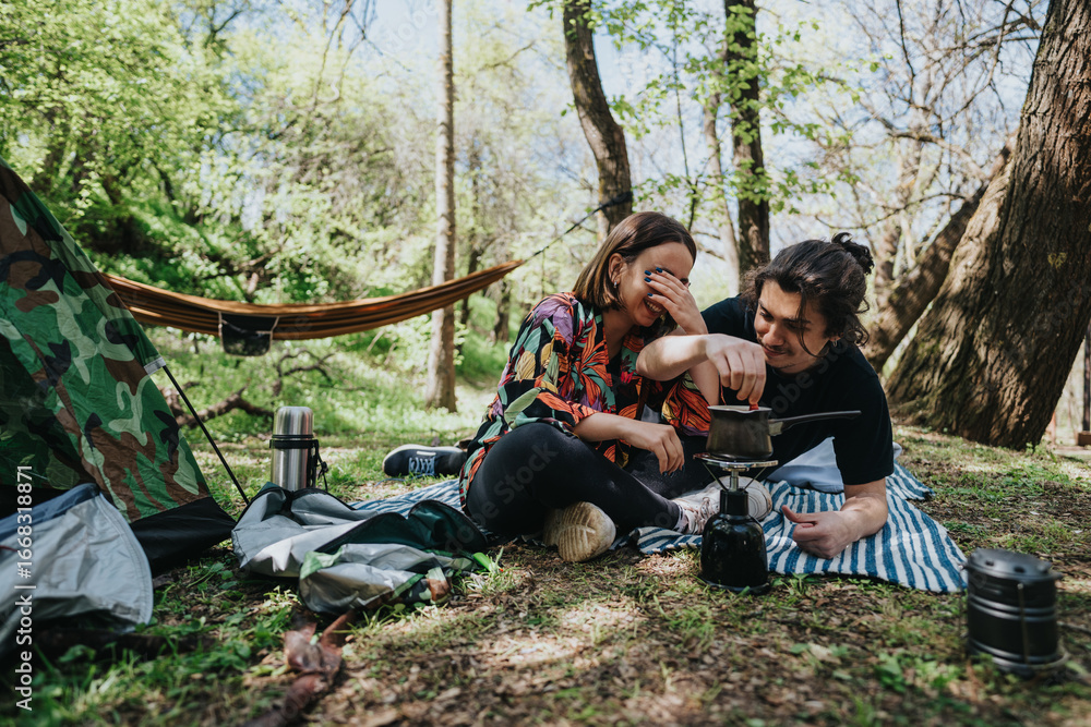 Young couple camping in a forest, cooking a meal near their tent while enjoying quality time outdoors Young couple camping in a forest, cooking a meal near their tent while enjoying quality time outdoors