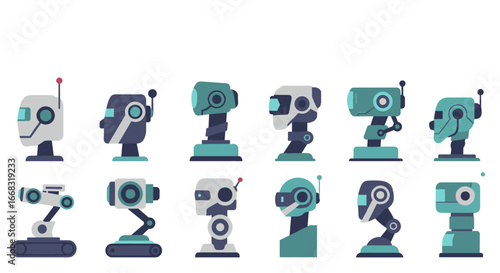 Retro futuristic robot icons in flat design for modern tech interfaces