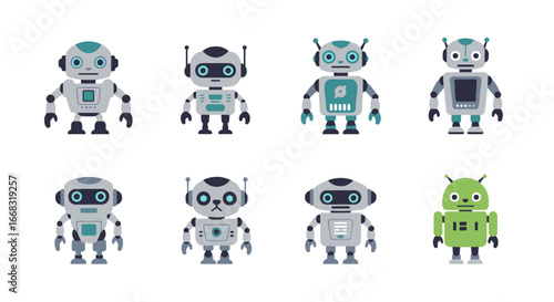 Cute cartoon robots collection in flat style with various designs and expressions
