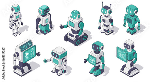 Diverse robots set featuring isometric designs with futuristic interfaces