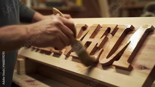 Close Up Of Woodworker Applying Polish To Wooden Sign