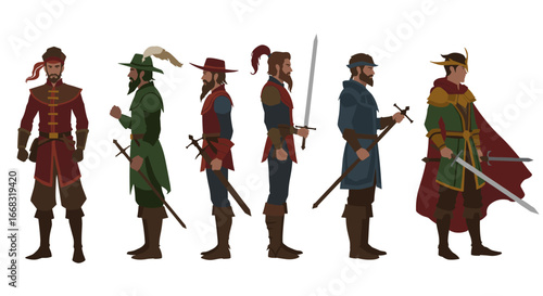 Medieval fantasy characters in side view with swords