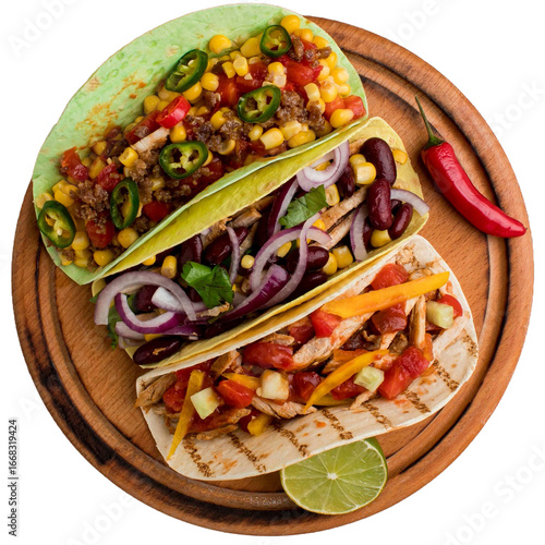 Delicious Variety of Tacos Served on a Wooden Board. 