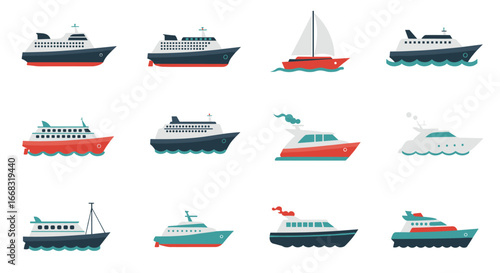 Variety of modern ships and boats in flat design for nautical themes