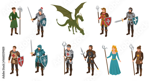 Medieval fantasy characters and dragon in isometric design for game development