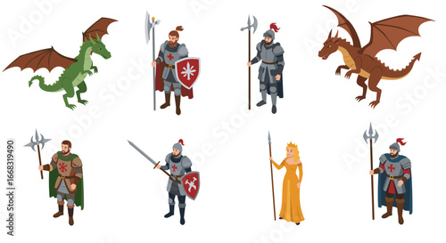 Isometric medieval warriors and dragons collection with knights and royal figures