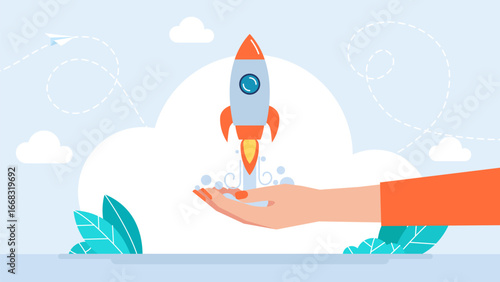 Woman launches rocket from hand. Female startup. Start of women's business. Woman comes up with new ideas and strives for success. Young girl gets knowledge and develops skills. Vector illustration