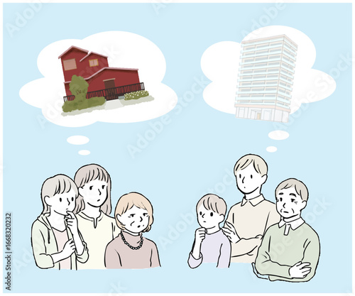 vector illustration of family considering buying a house in city or countryside