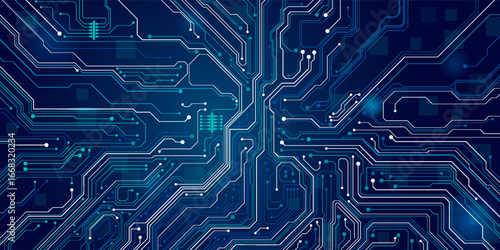 AI innovation futuristic concept. Technology blue background. ON Power blue button, and circuit board. Artificial intelligence and Machine Learning cover. For web and presentation bg.