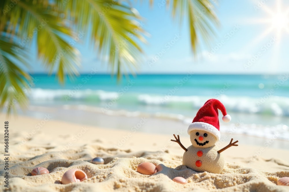 Obraz premium A Christmas sand snowman with a red Santa hat stands on a sunny beach near gentle waves. Palm trees and seashells decorate the warm seaside scene