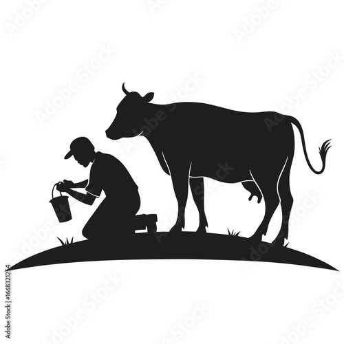 Farmer milking cow silhouette