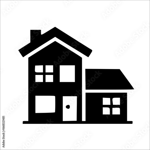 Simple black silhouette of a two-story house with attached single-story structure.