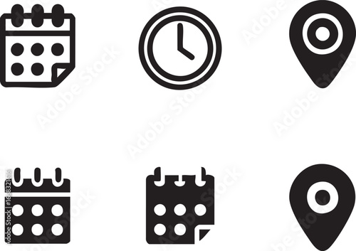 Calendar, clock, and location pin icons - vector set for scheduling and navigation eps silhouette