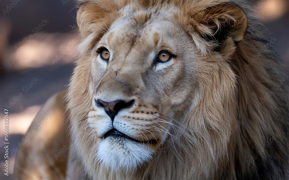Obraz premium A male lion with a thick mane and piercing gaze looks directly forward
