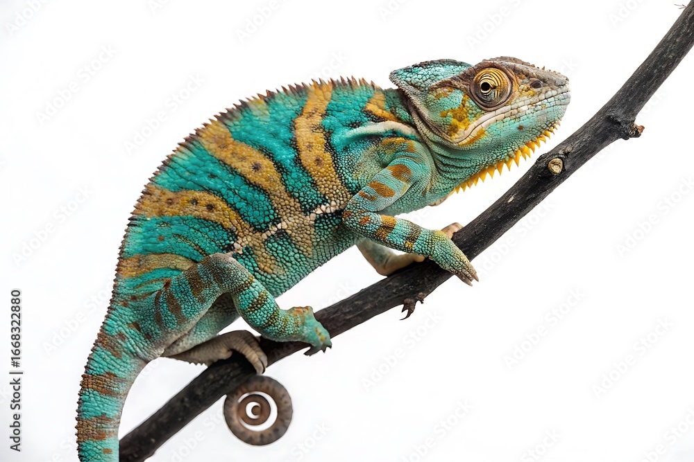 Naklejka premium A colorful chameleon perched on a branch with white background
