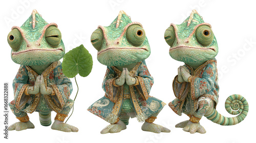 Three animated chameleons in ornate patterned robes hands clasped in greeting One holds a green leaf another with closed