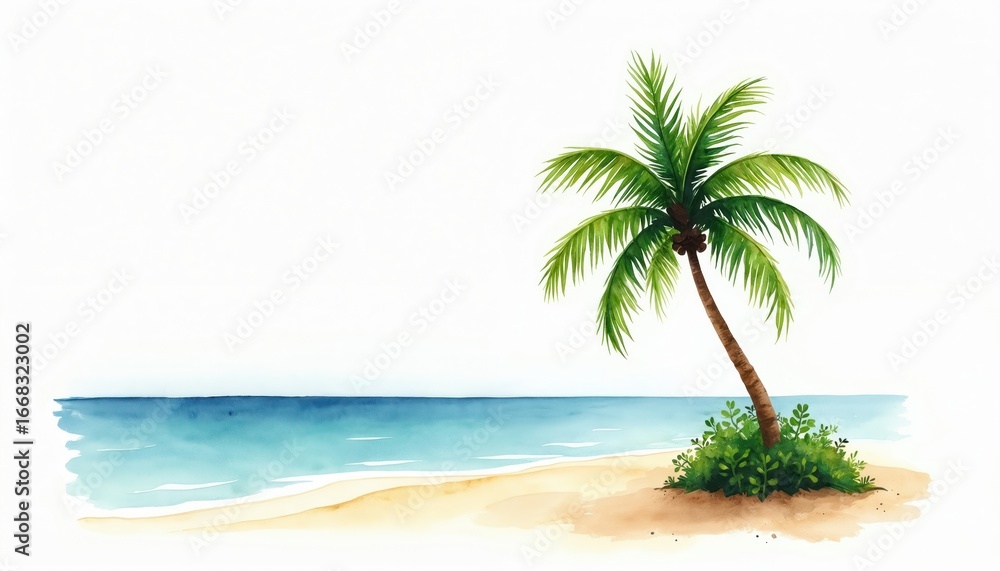 Fototapeta premium Watercolor illustration of solitary palm tree on tropical island beach with calm turquoise water, sandy shore. Hand-painted style evokes relaxation, vacation vibes, perfect for summer travel themes.