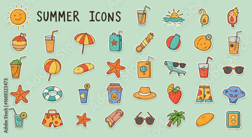 collection of colorful cartoon-style summer icons