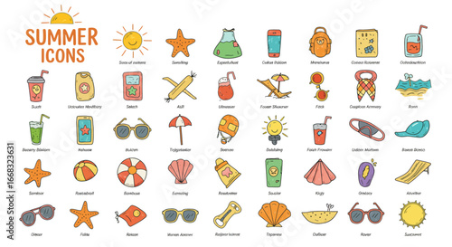 collection of colorful cartoon-style summer icons