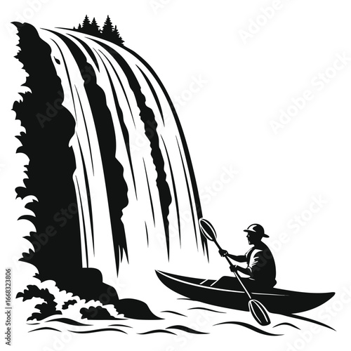 Kayaker in waterfall spray silhouette