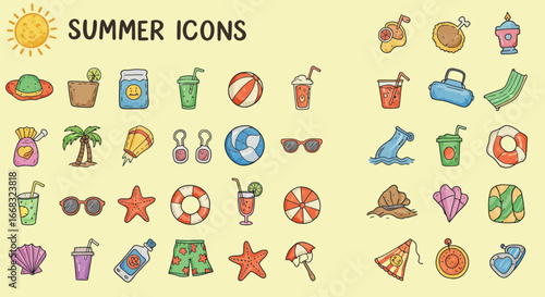 collection of colorful cartoon-style summer icons