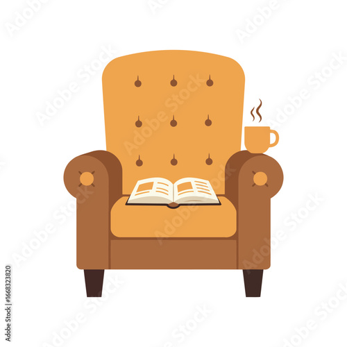 A cozy armchair with a book and a warm drink.