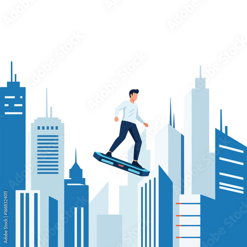 Man riding a hoverboard in a futuristic city with skyscrapers.
