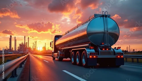 Rear view of large metal fuel tanker driving on highway towards oil refinery complex during sunset. Fast transportation of gasoline, diesel, crude oil. Industrial logistics, heavy haulage trucking