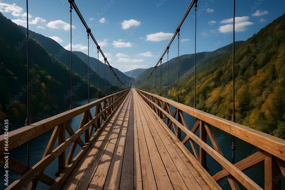 Obraz premium suspension wooden bridge in the mountains