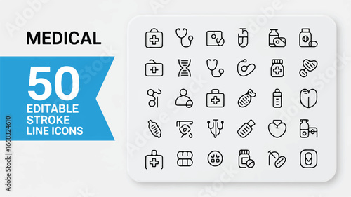 A clean vector illustration displaying a comprehensive set of medical and healthcare line icons for various health-related designs and concepts