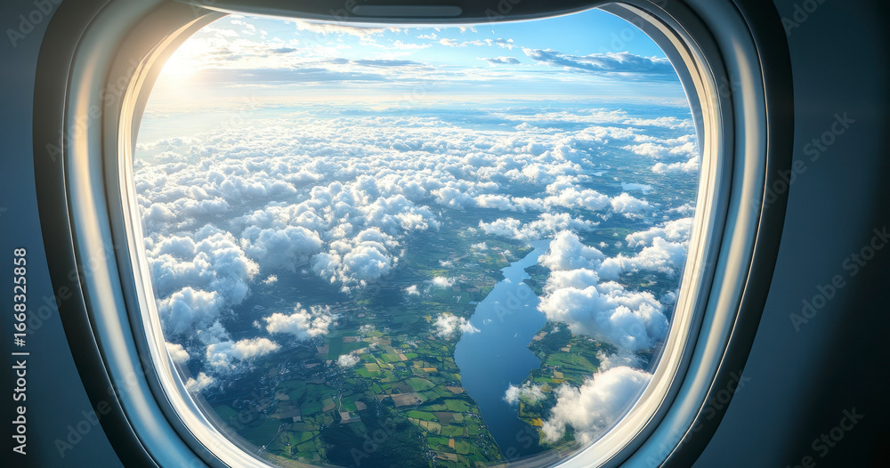 Fototapeta premium View from an Airplane Window During a Scenic Flight Over Earth Below the Clouds