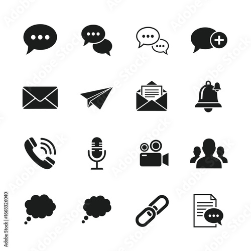 Collection of communication and media related vector icons on white.