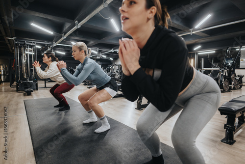 Wallpaper Mural A dynamic image of women in a gym setting actively engaging in group fitness exercises, focusing on physical health, strength, and determined effort. Torontodigital.ca