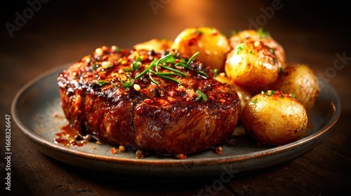 A beautifully plated grilled steak accompanied by perfectly roasted baby potatoes garnished with herbs creates a mouthwatering, appetizing dish ready to indulge.