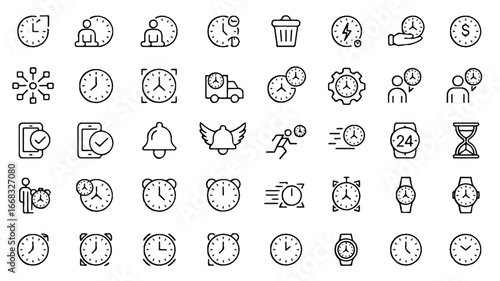 Collection of 50 black and white line icons representing time, clocks, and related concepts