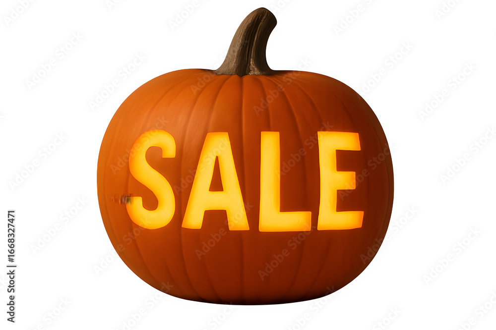 Obraz premium Pumpkin carved with SALE text for marketing promotion, isolated on transparent background PNG