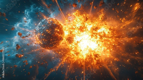 Explosive Impact of Celestial Body with Fiery Eruption and Debris Scattering