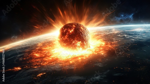 Impact of a Meteorite on Earth with Explosive Energy and Fiery Effects 