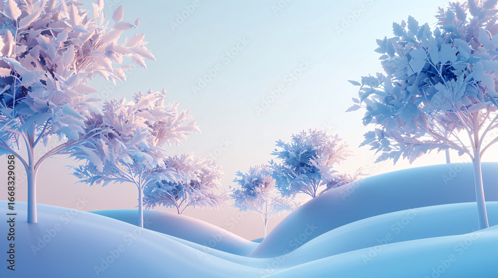 Fototapeta premium A futuristic forest with metallic trees and glowing leaves against a soft blue gradient sky, creating a calm and modern atmosphere.