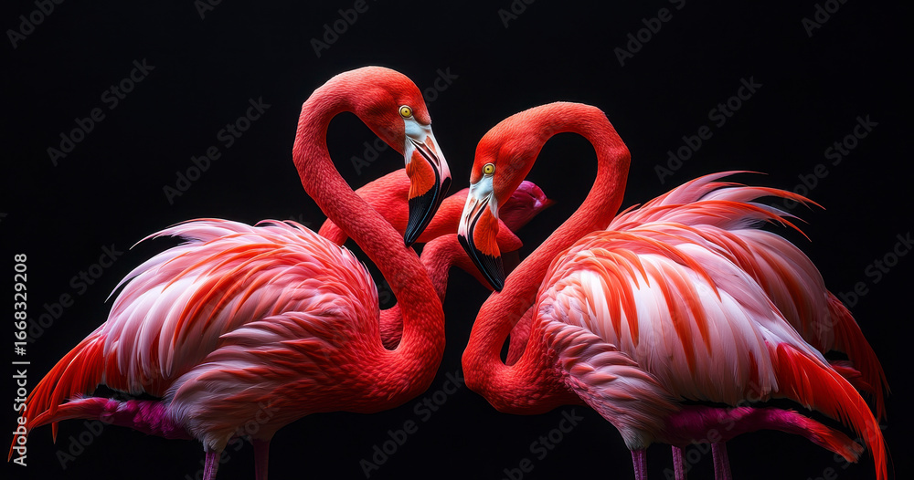 Naklejka premium Two Flamingos forming a heart shape with their necks against a dark background