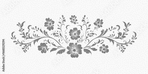 Ethnic floral print. Gritty retro threshold, light dust and visible grain. Rough texture with paper stains and speckled ink pattern.