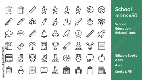 A Collection of 50 Minimalist Line Art School Education Icons