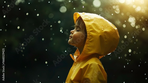 Young Child in Yellow Raincoat Enjoying Rainy Weather Outdoors