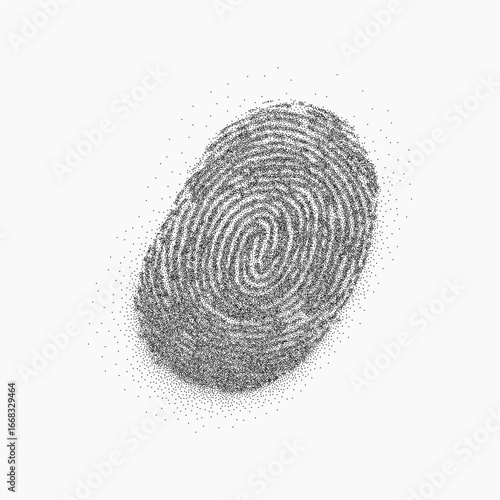Black fingerprint. Black form with faded ink surface grainy threshold and scattered grit. Stipple dots and light scratch marks create an aged effect.