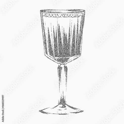 Elegant goblet, glass. Smudged ink figure with blotchy grain stippled surface and light dust. Threshold transitions into subtle scratches and gritty buildup.
